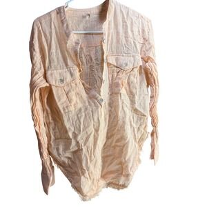 Free People Peach Gauze‎ Button Down Frayed Hem Boho Blouse Small
